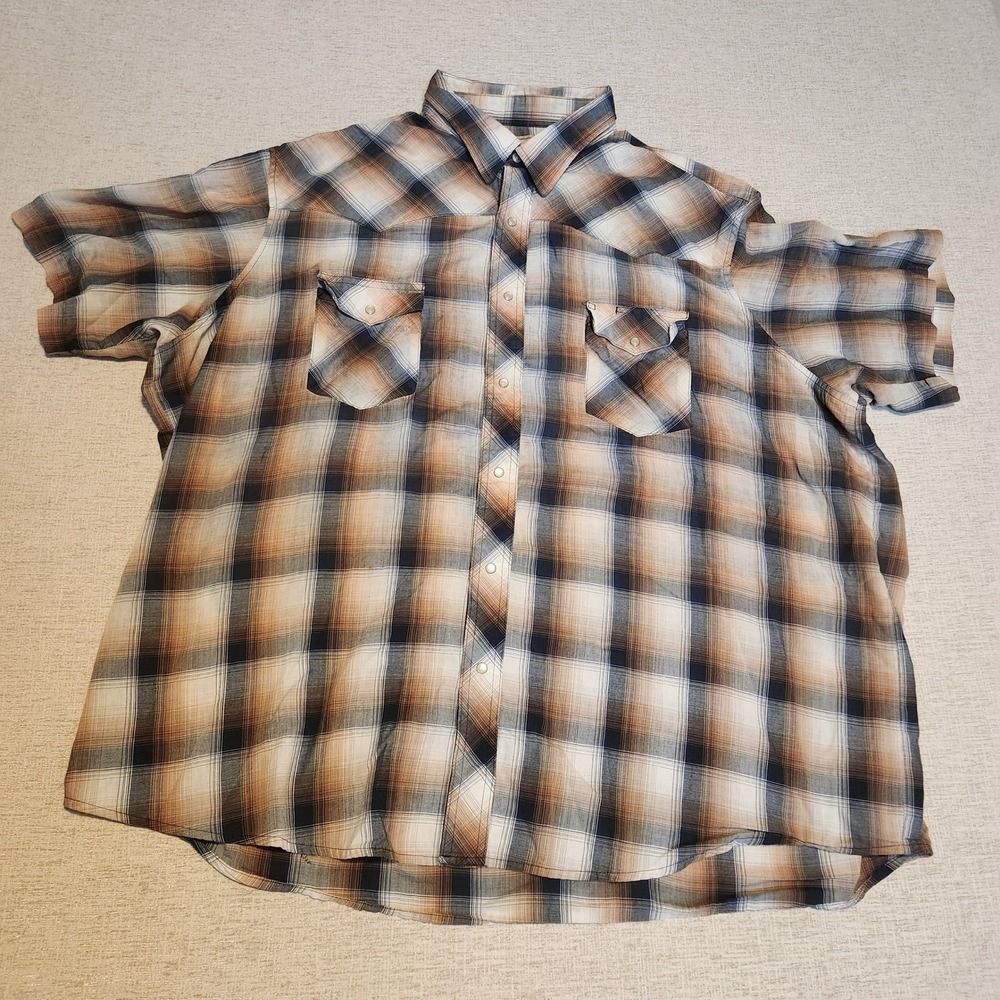 Western Pearl Snap Shirt Mens 3XL Brown Tan Plaid Short Sleeve Ombre Pockets